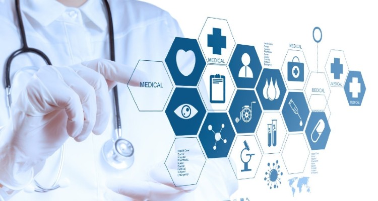 Medicine doctor hand working with modern medical icons in a white background